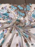Floral Printed Crinkled Silk Chiffon Panel - Cream / Light Brown / Turquoise / Periwinkle