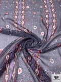 Double-Border Pattern Printed Crinkled Silk Chiffon - Smoky Navy / Cranberry / Lilac / Off-White