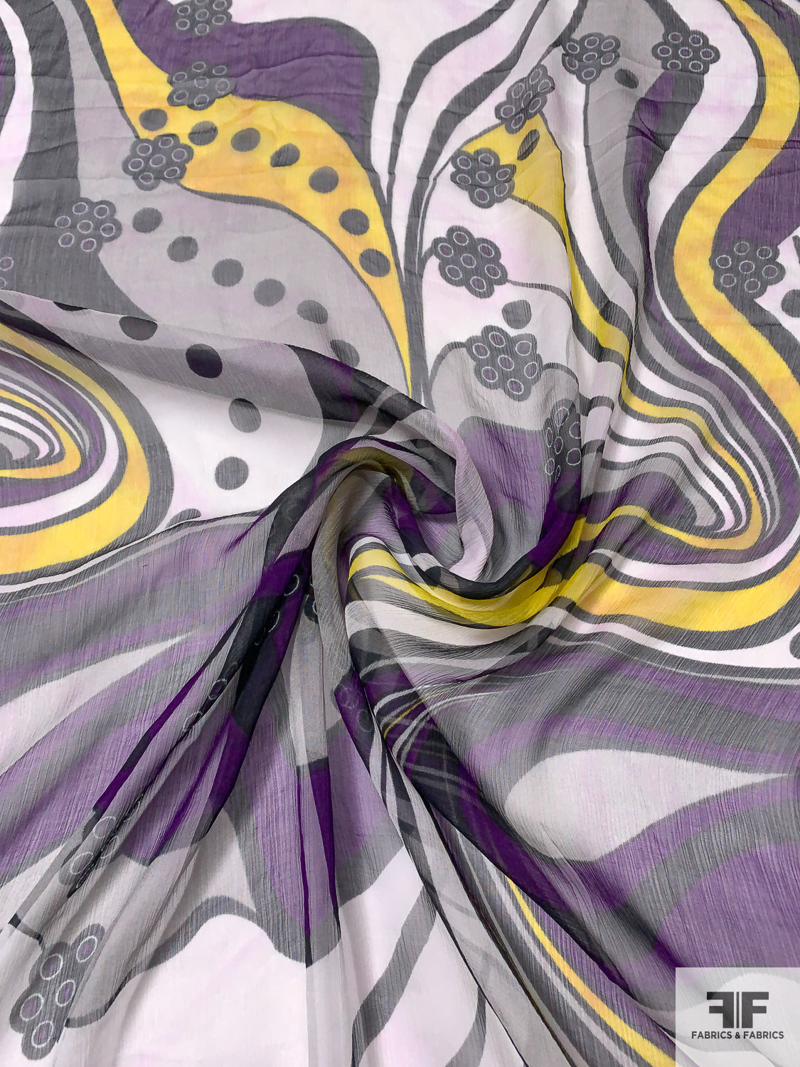 Wavy Groovy Printed Crinkled Silk Chiffon - Purple / Yellow / Off-White / Black