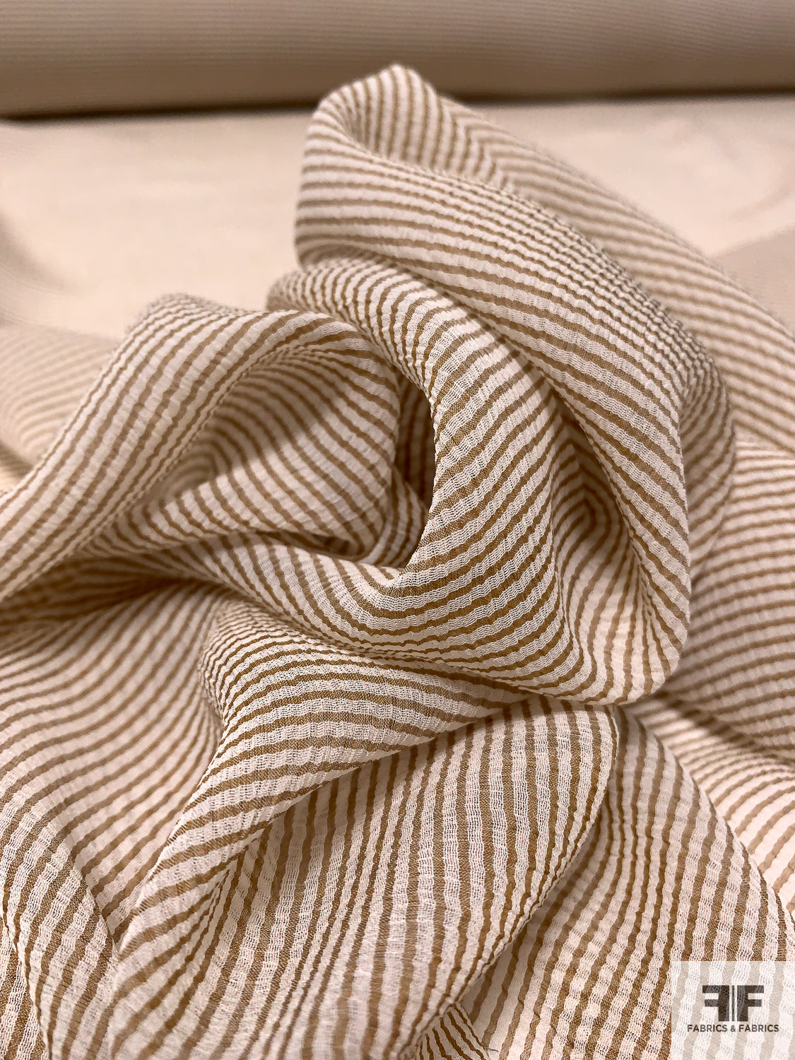 Horizontal Pinstriped Printed Slight Crinkled Silk Chiffon - Tan / Off-White