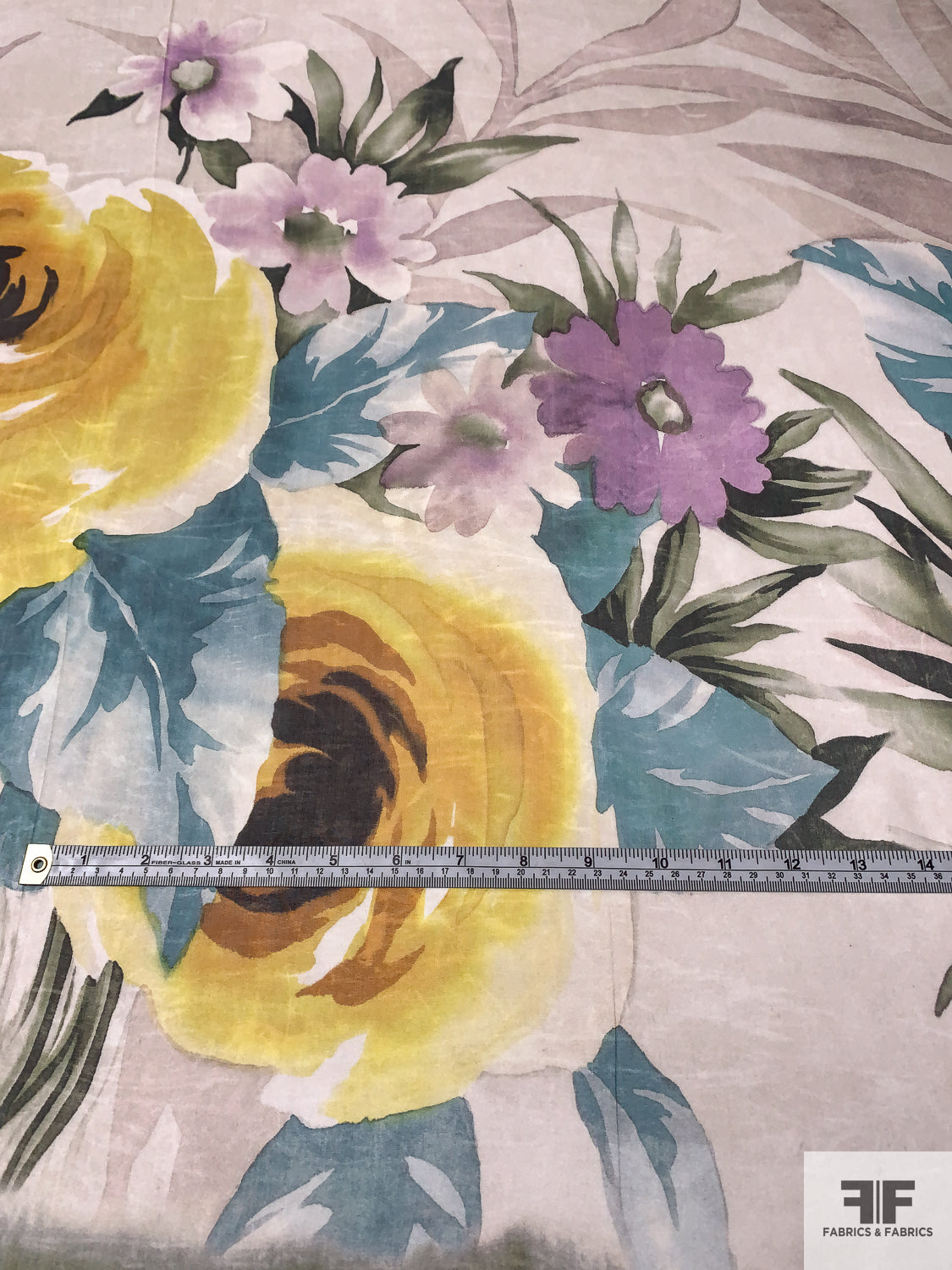 Italian Floral Garden Printed Fine Silk Chiffon Panel - Yellow / Lilac / Dusty Turquoise / Dark Sage