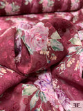 Floral Bouquet Printed Polka Dot Clip Silk Chiffon - Dusty Cherry / Green / Pinks