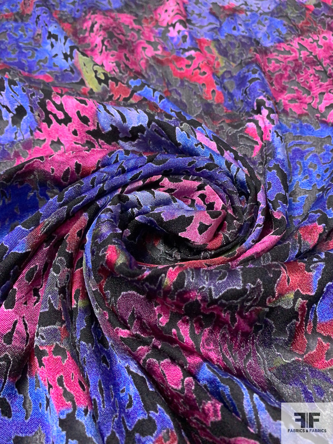 Abstract Burnout Polyester Chiffon - Indigo / Berry Pink / Black