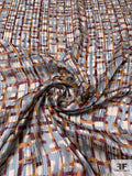 Italian Abstract Printed Satin Striped Silk Chiffon - Dusty Turquoise / Maroon / Ochre-Caramel