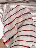 Italian Gauzy Chiffon with Embroidered Link Stripes - White / Red / Navy