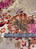 Ornate Floral Bouquets Printed Burnout Chiffon with Lurex Pinstripes - Sand / Gold / Magenta / Brick