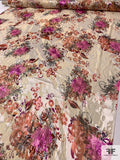 Ornate Floral Bouquets Printed Burnout Chiffon with Lurex Pinstripes - Sand / Gold / Magenta / Brick