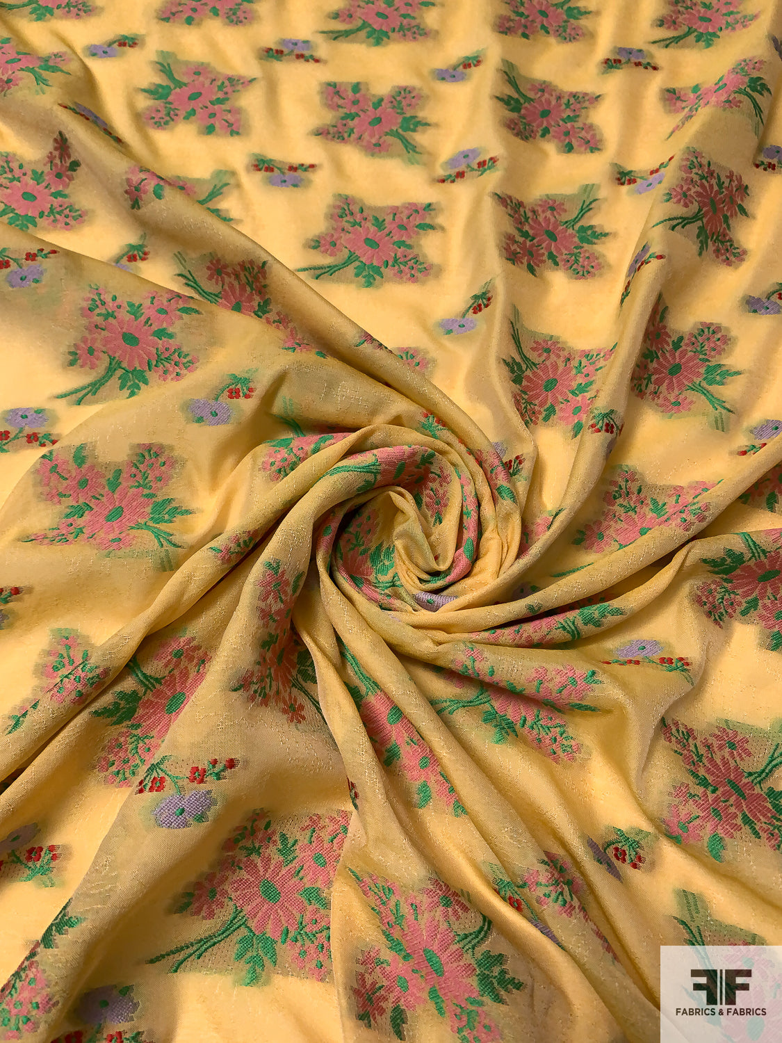 Italian Floral Bouquets Fil Coupé Silk Blend Voile - Mellow Yellow / Green / Pink