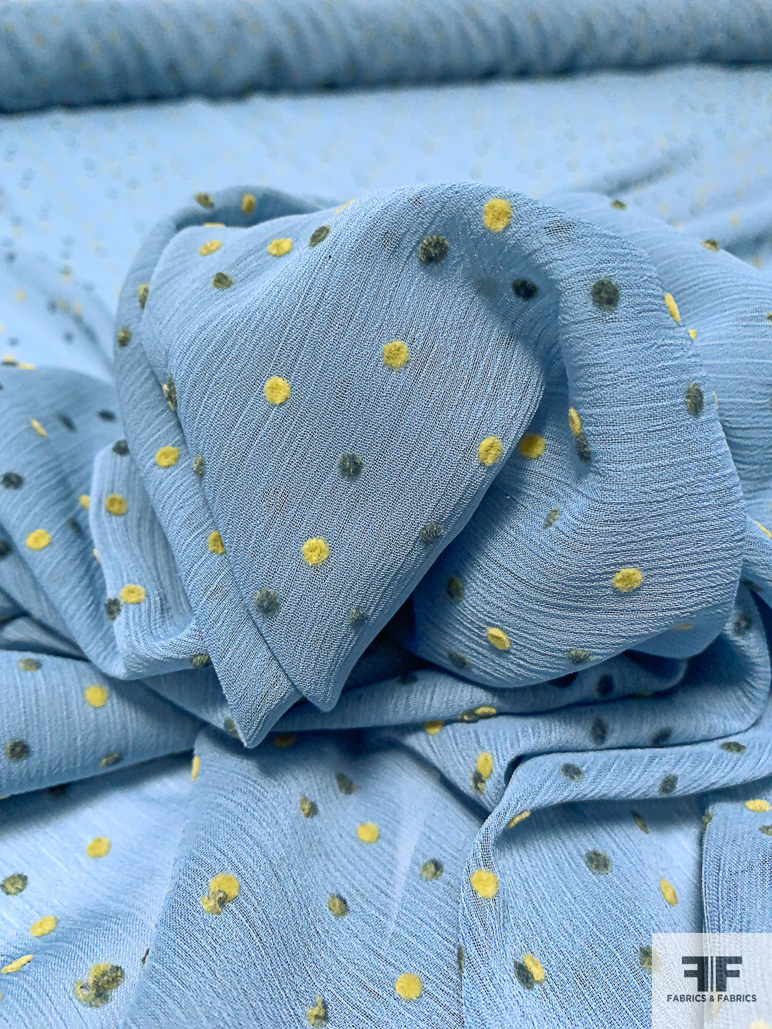 Dotted Flocked Crinkled Polyester Chiffon - Airforce Blue / Mustard / Dark Grey