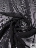 Vertical Floral Striped Embroidered Crinkled Silk Chiffon - Black