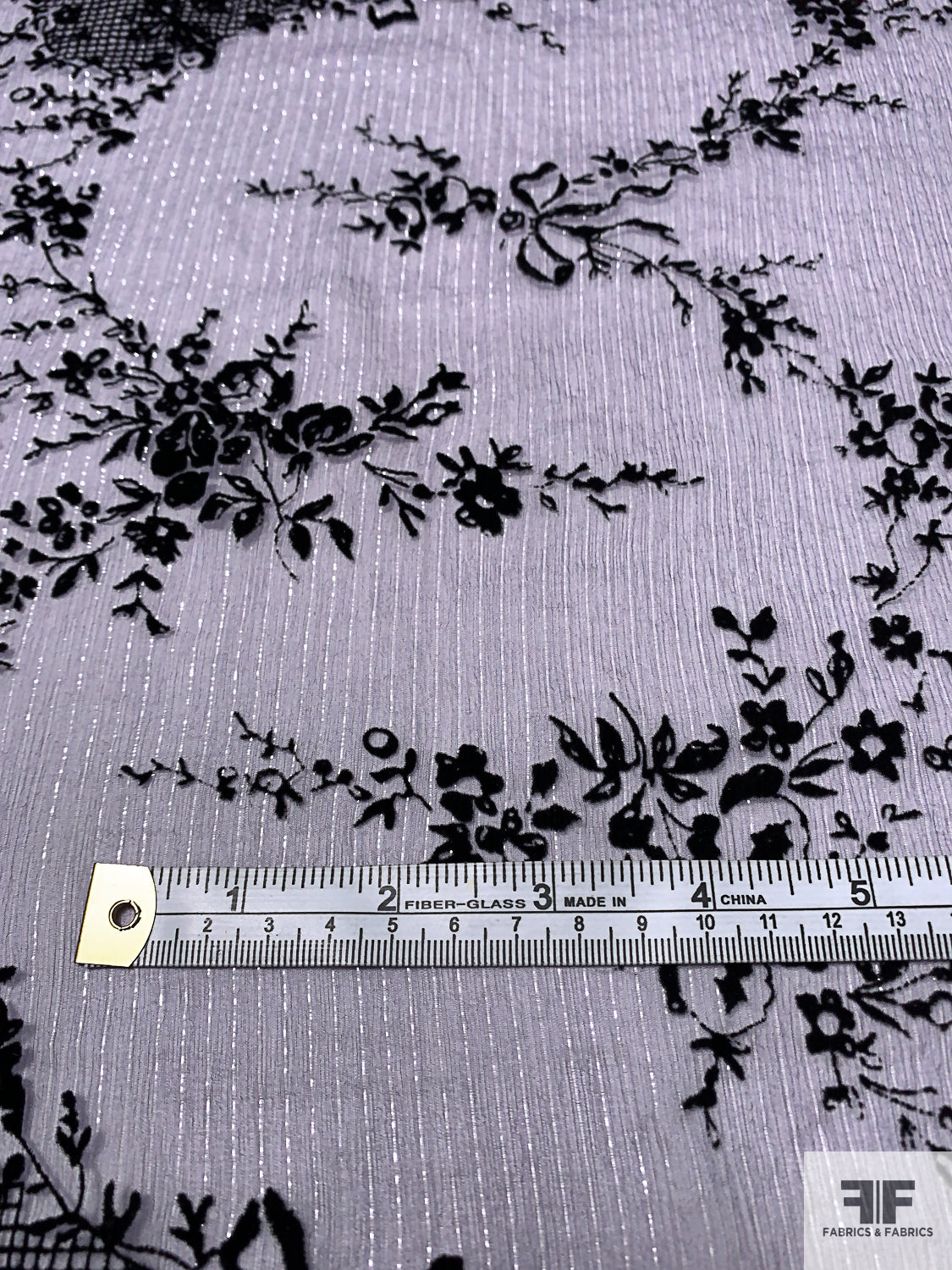 Flocked Intricate Floral Silk Chiffon with Lurex Pinstripes - Dusty Lilac / Black / Silver
