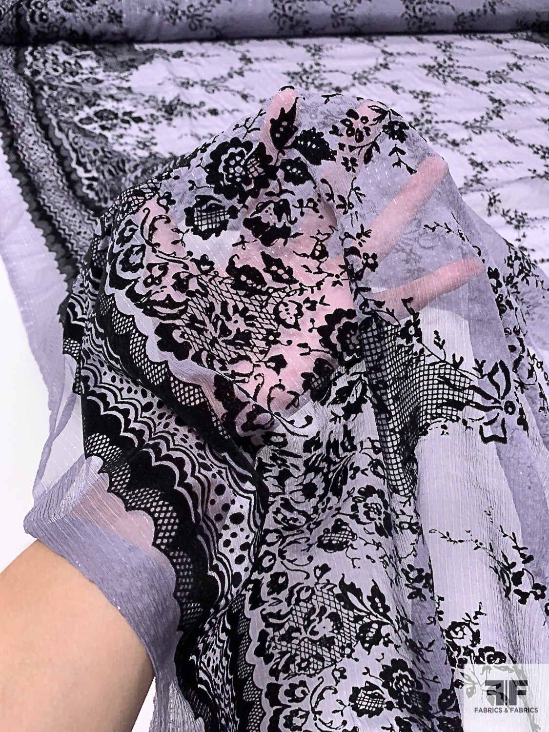 Flocked Intricate Floral Silk Chiffon with Lurex Pinstripes - Dusty Lilac / Black / Silver