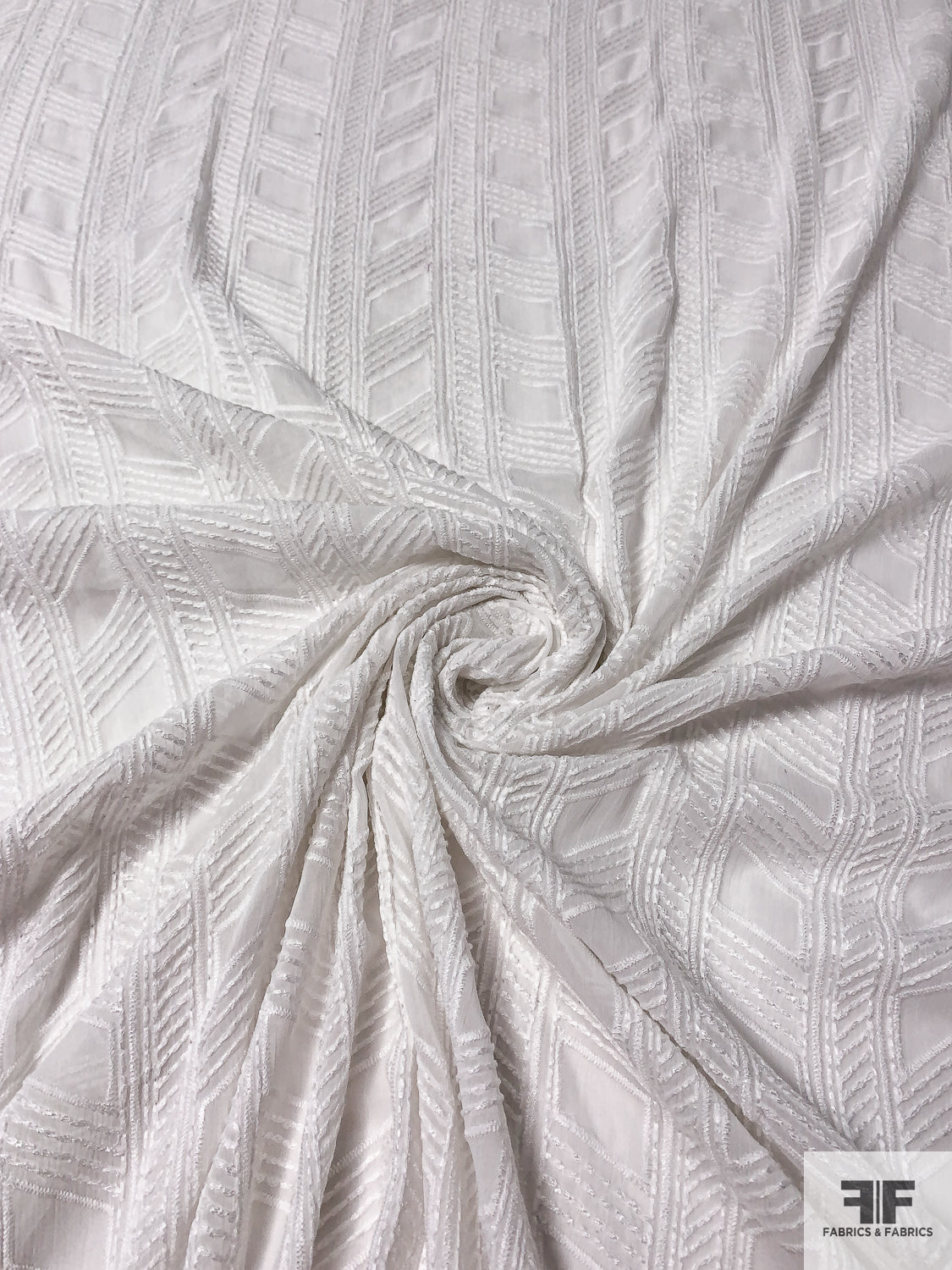 Herringbone-Inspired Embroidered Crinkled Polyester Chiffon - Off-White