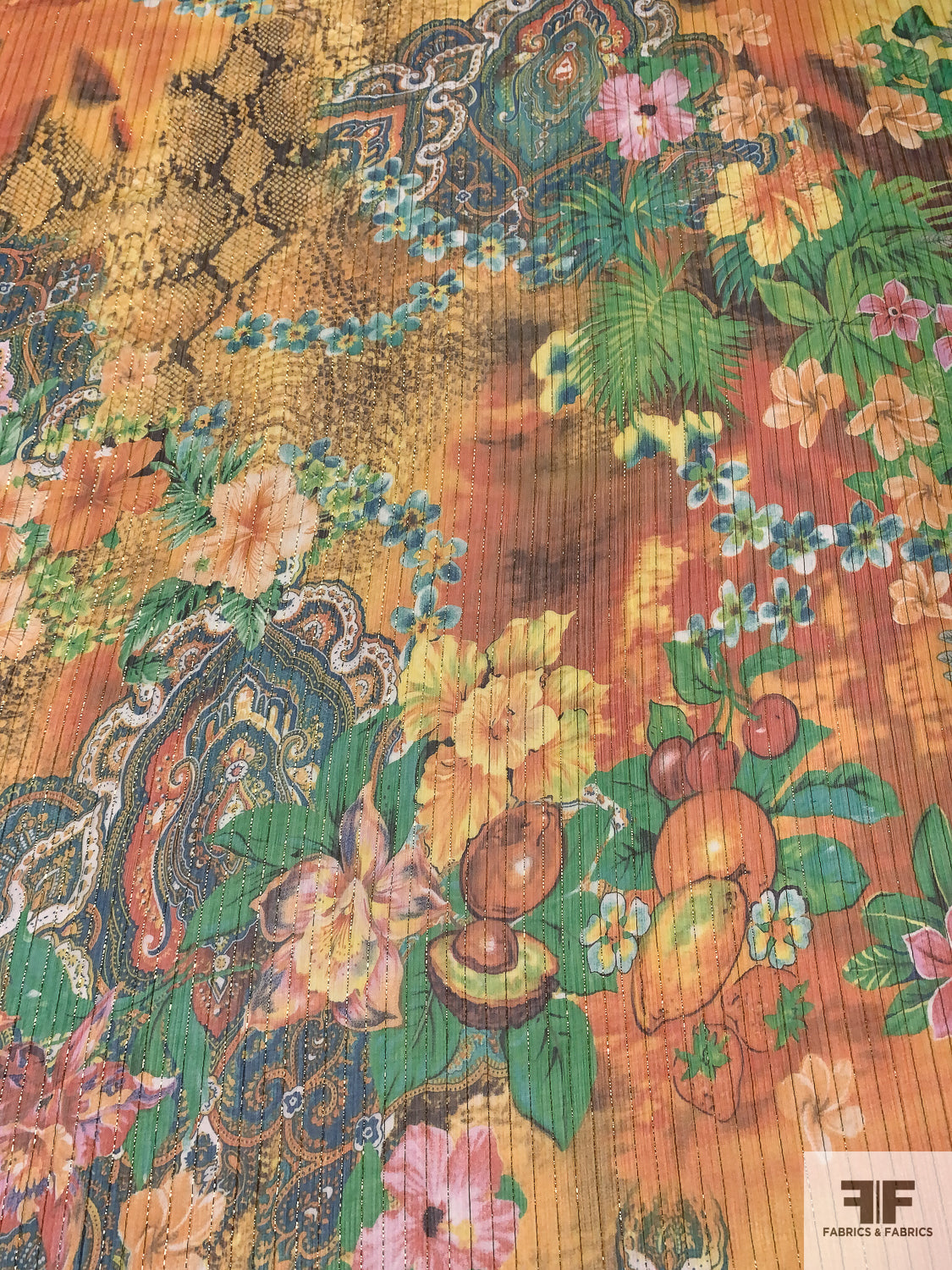 Tropical Leaf and Floral Printed Silk Chiffon with Lurex Pinstripes - Orange / Green / Pink / Gold