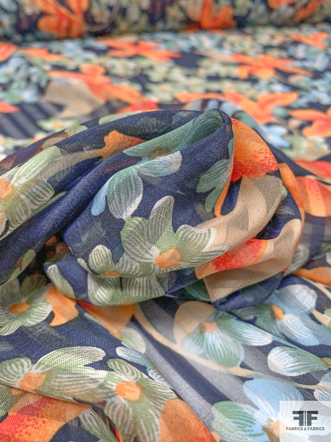 Floral Printed Shadow Striped Silk Chiffon - Navy Blue / Oranges / Pear Green / Off-White