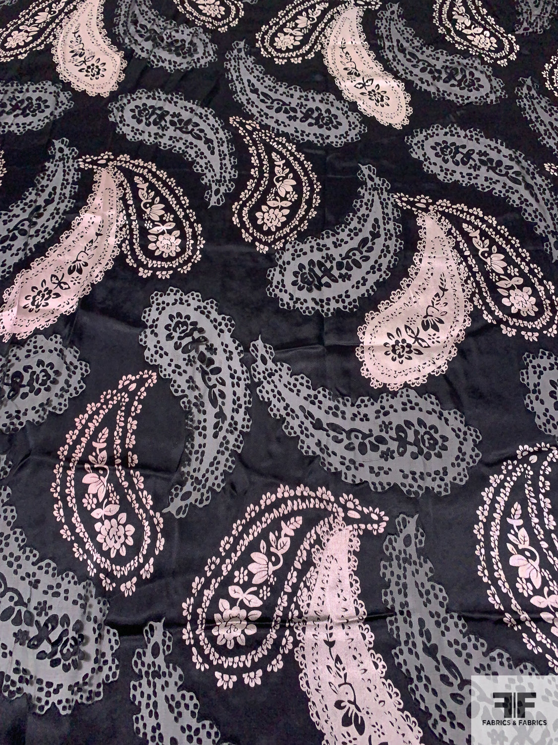 Paisley Printed and Burnout Silk-Rayon Chiffon - Black / Dusty Ice Pink