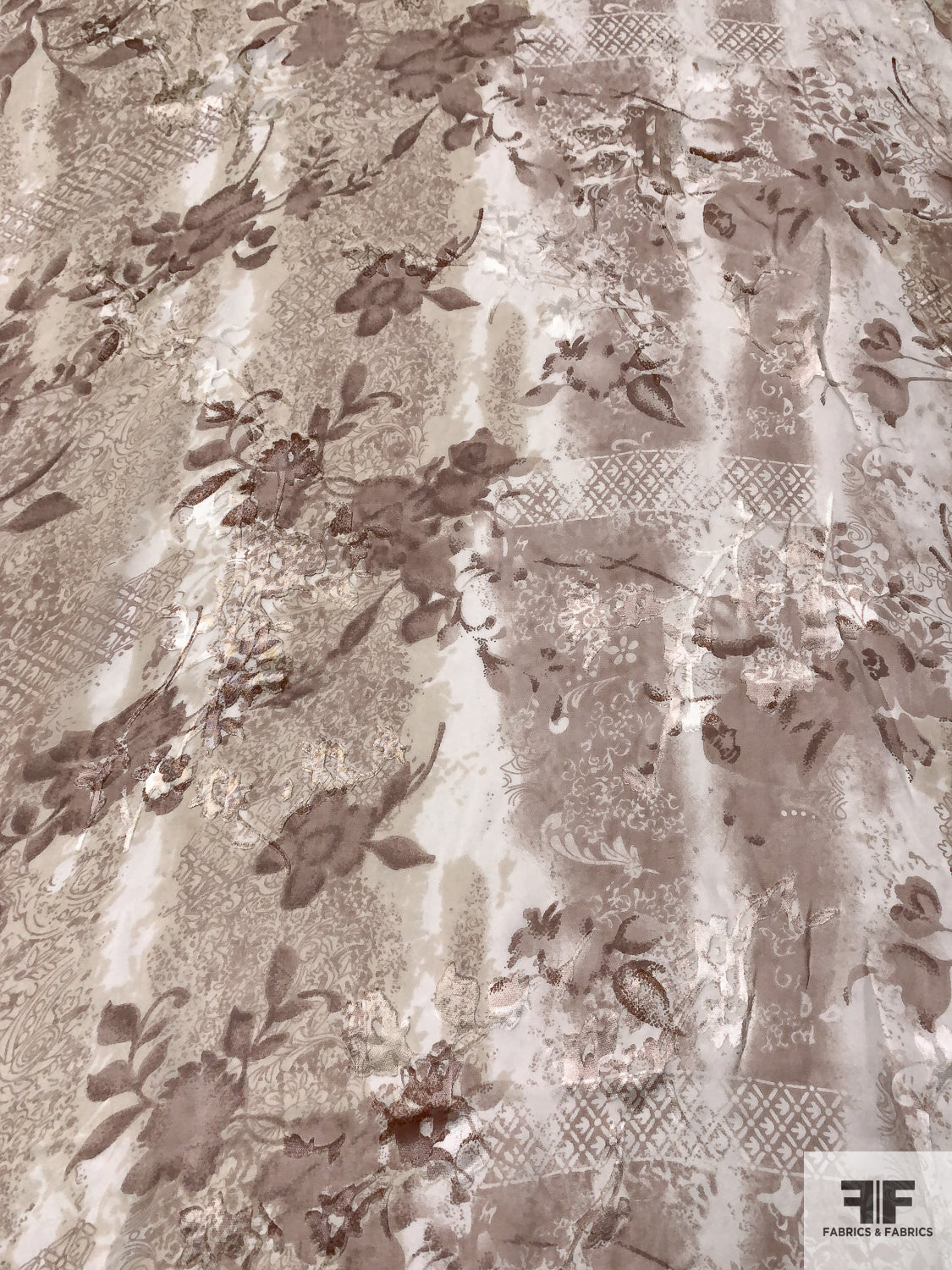 Floral Printed Burnout Silk-Rayon Chiffon - Beige / Dusty Mauve