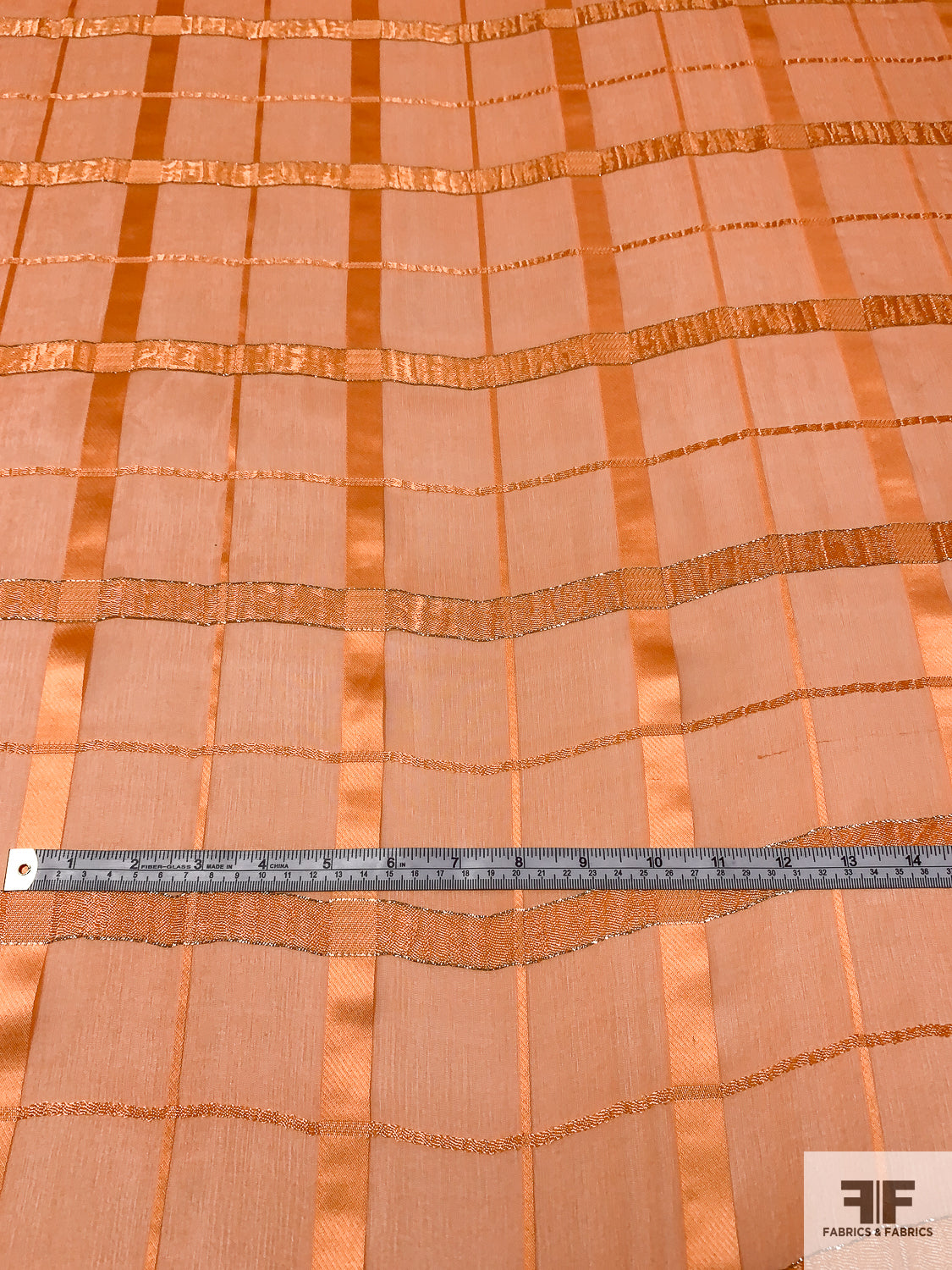 Satin Striped Plaid Silk Chiffon with Lurex Threads - Orange / Gold