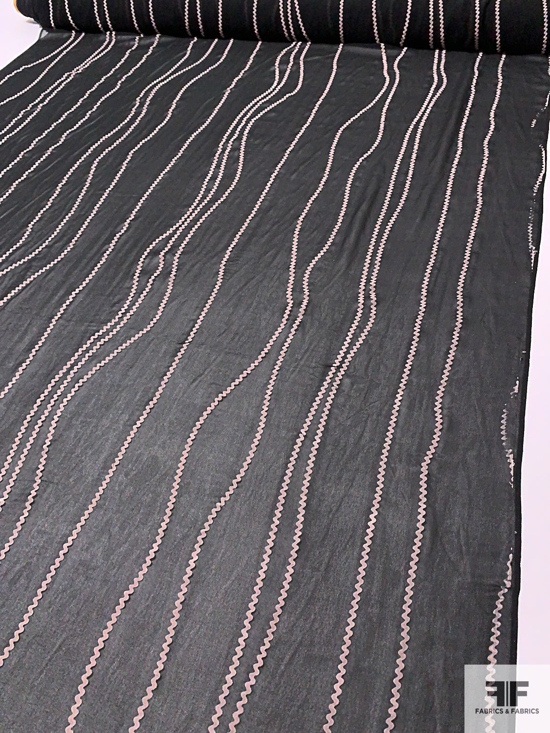 Wavy Lines Flocked Silk Chiffon - Black / Thistle