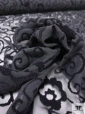 Chiffon with Flocked Ornate Floral Vines - Black