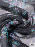 Floral Sketch Printed Silk Chiffon with Lurex Pinstripes - Black / Turquoise / Lavender / Gold