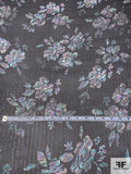 Floral Sketch Printed Silk Chiffon with Lurex Pinstripes - Black / Turquoise / Lavender / Gold
