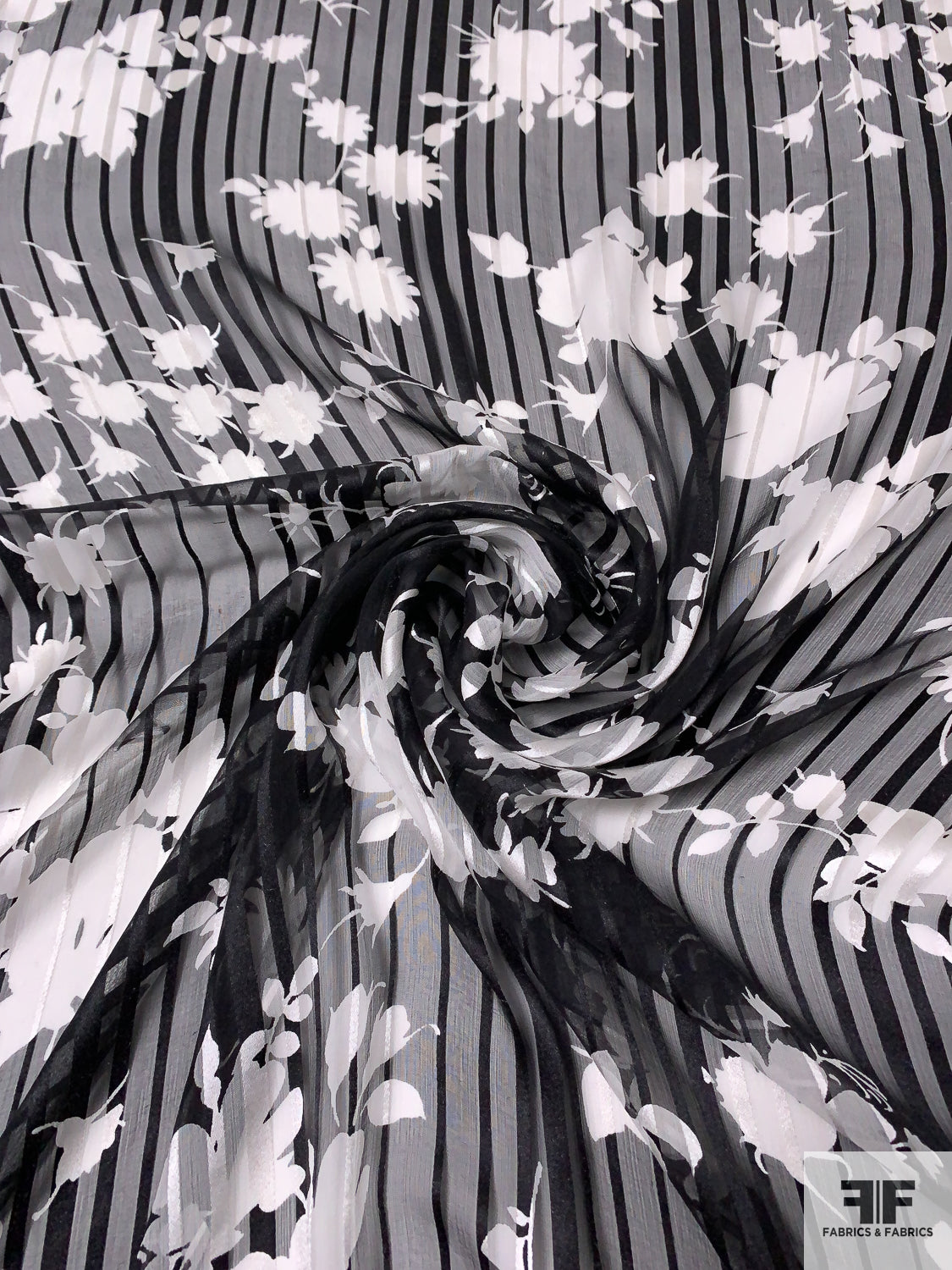 Floral Silhouette Printed Satin Striped Silk Chiffon - Black / Off-White -  Fabric by the Yard