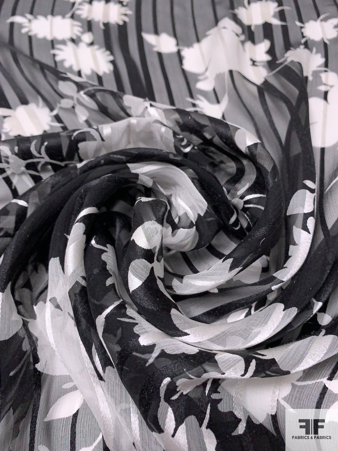 Floral Silhouette Printed Silk Chiffon - Black / White  Black and white  fabric, Silk printing, Black and white