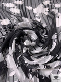 Floral Silhouette Printed Satin Striped Silk Chiffon - Black / Off-White