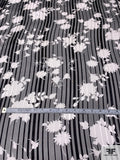 Floral Silhouette Printed Satin Striped Silk Chiffon - Black / Off-White