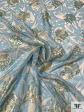 Floral Printed Silk Chiffon with Metallic Floral - Summer Blue / Blush Pink / Gold