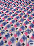 Floral Printed Silk Chiffon with Clipped Shimmer Swirls - Blue / Hot Pink / Yellow / Black