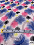Floral Printed Silk Chiffon with Clipped Shimmer Swirls - Blue / Hot Pink / Yellow / Black