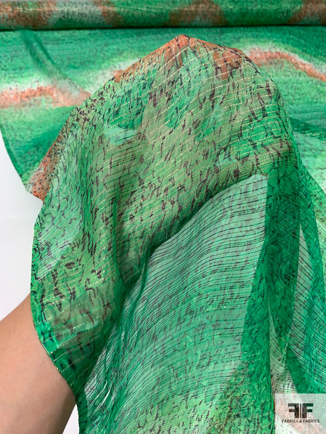 Amazon Jungle Inspired Silk Chiffon with Threadwork and Lurex Pinstripes - Green / Coral-Brown / Black / Gold