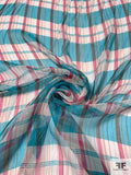 Plaid Printed Lightly Crinkled Silk Chiffon with Gold Lurex Pinstripes - Turquoise / Magenta / Maroon / Gold