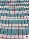 Plaid Printed Lightly Crinkled Silk Chiffon with Gold Lurex Pinstripes - Turquoise / Magenta / Maroon / Gold