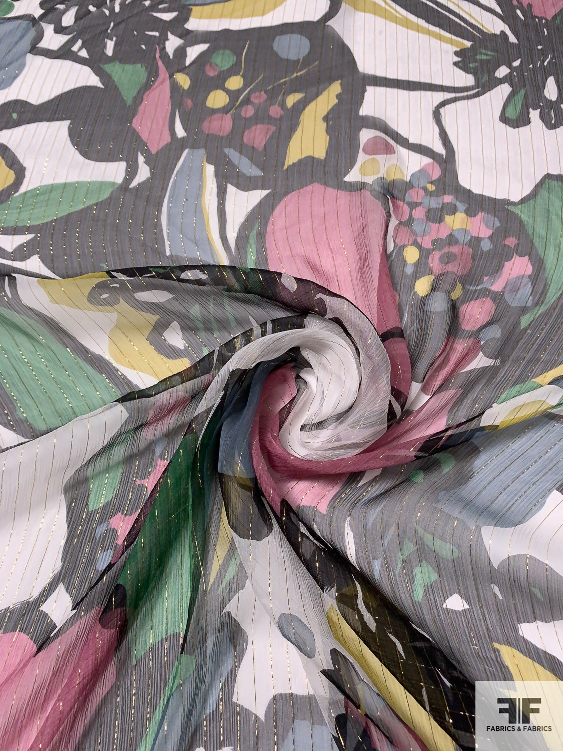 LargeScale Floral Printed Crinkled Silk Chiffon with Gold Lurex