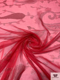French Fine Silk Chiffon with Paisley Border Lurex Design - Strawberry / Green / Red
