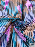 Abstract Printed Satin Striped Silk Chiffon with Gold Lurex Pinstripes - Teal / Orchid / Brown / Black