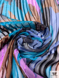 Abstract Printed Satin Striped Silk Chiffon with Gold Lurex Pinstripes - Teal / Orchid / Brown / Black