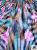 Abstract Printed Satin Striped Silk Chiffon with Gold Lurex Pinstripes - Teal / Orchid / Brown / Black