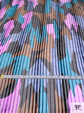 Abstract Printed Satin Striped Silk Chiffon with Gold Lurex Pinstripes - Teal / Orchid / Brown / Black