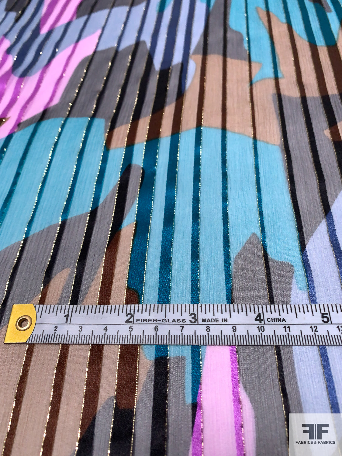 Abstract Printed Satin Striped Silk Chiffon with Gold Lurex Pinstripes