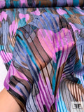 Abstract Printed Satin Striped Silk Chiffon with Gold Lurex Pinstripes - Teal / Orchid / Brown / Black