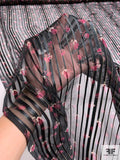 Ditsy Floral Printed Satin Striped Silk Chiffon with Gold Lurex Pinstripes - Black / Gold / Berry Rose