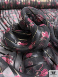 Ditsy Floral Printed Satin Striped Silk Chiffon with Gold Lurex Pinstripes - Black / Gold / Berry Rose