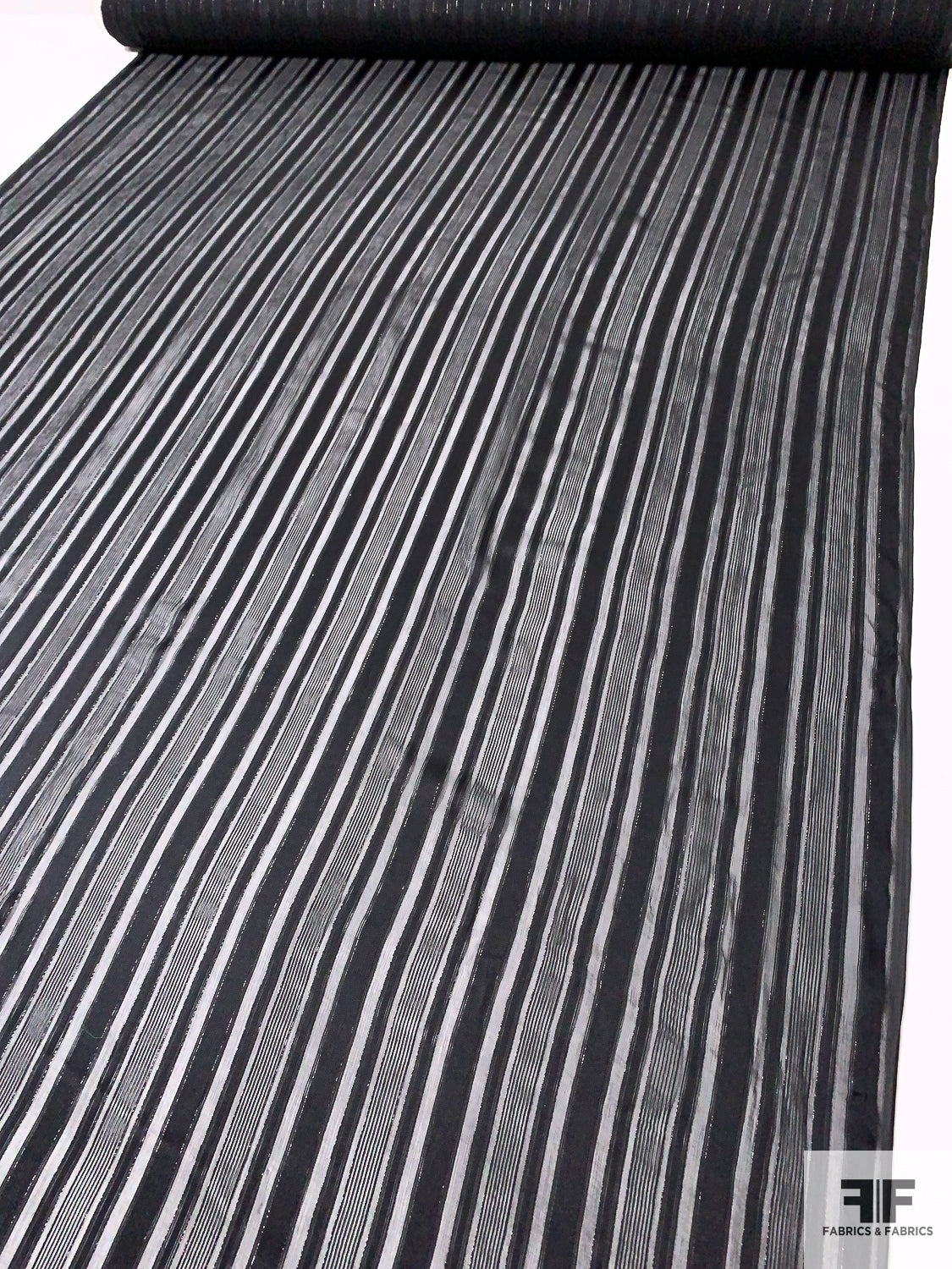 Multisize Satin Striped Burnout Crinkled Silk Chiffon with Black Lurex Pinstripes - Black