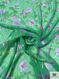 Floral Petals and Leaf Graphic Printed Burnout Silk Chiffon - Green / Pale Lavender / Off-White