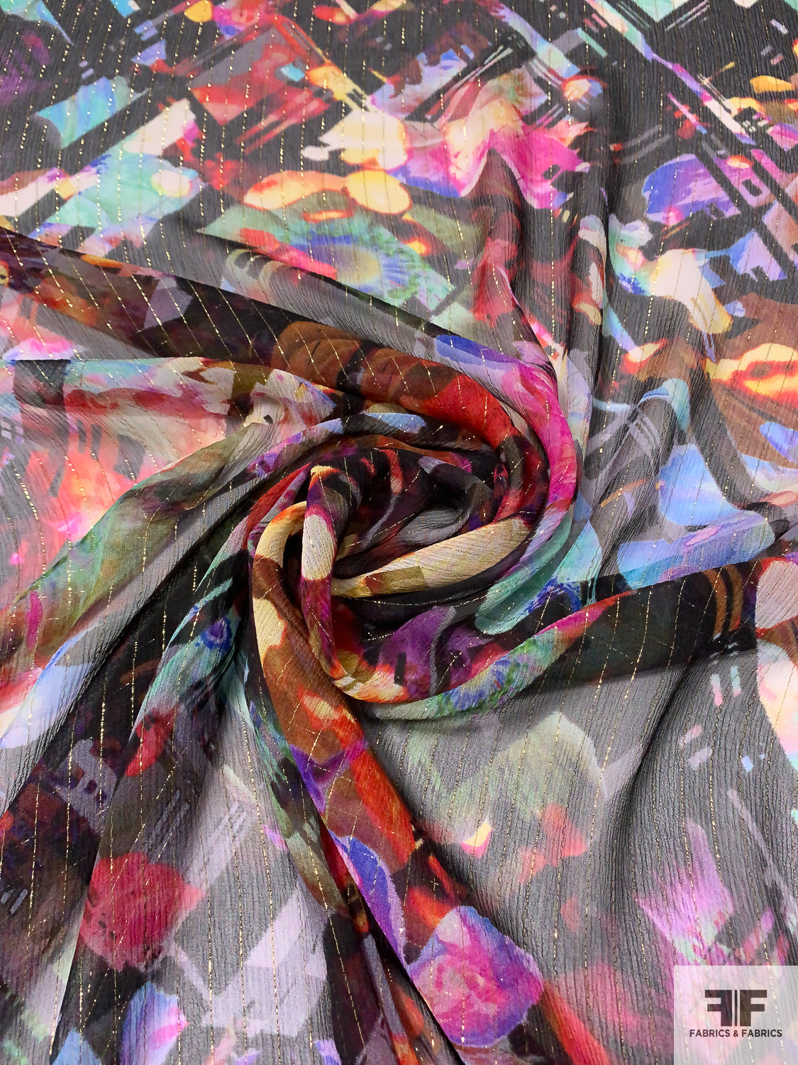 Exotic Floral Printed Crinkled Silk Chiffon with Gold Lurex Pinstripes