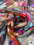 Exotic Floral Printed Crinkled Silk Chiffon with Gold Lurex Pinstripes - Multicolor